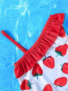 Girls' One-Piece Swimsuit, Featuring Sweet & Cute Style With White Base And All-Over Strawberry Print, Complemented By Red Ruffle Trim, Asymmetric Design With Wide Single Strap & Thin Strap For Fashionable Look, Lively & Playful Style Suitable For Low-Age Girls, Ideal For Swimming Pool, Beach And Other Water Activities. - Red - View 4
