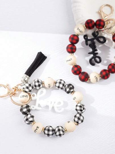 1 adet Retro Ekose "LOVE" Boncuklu Anahtarlık, Ahşap ve Silikon Boncuk Tasarımı, Püsküllü, Sevimli Çanta Süsü, Anne/Eş/Kız Arkadaş/Sevgililer Günü Hediyesi