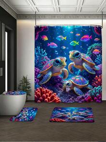 1/3/4件套彩色珊瑚礁和卡通海龟印花浴帘浴室套装,热带海洋风格防水现代家居浴室装饰浴帘,72英寸*72英寸浴室隔断浴帘,包含12个挂钩,浴室配件 - 马桶盖套、浴垫和地毯,涤纶面料 - 可水洗,适用于家庭浴室/西式浴室/酒店/度假租赁/水族馆/儿童房深海主题浴室装饰,四季皆宜,乔迁礼物,母亲节礼物 - 海龜 - 查看 9