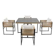 5 Piece Garden Dining Set With 1 Dining Table & 4 Stackable Chairs, Outdoor Patio Furniture Seating Group With Fine Rope & Iron Frame, 5mm Thick Glass Table Top - Beis - Ver 5