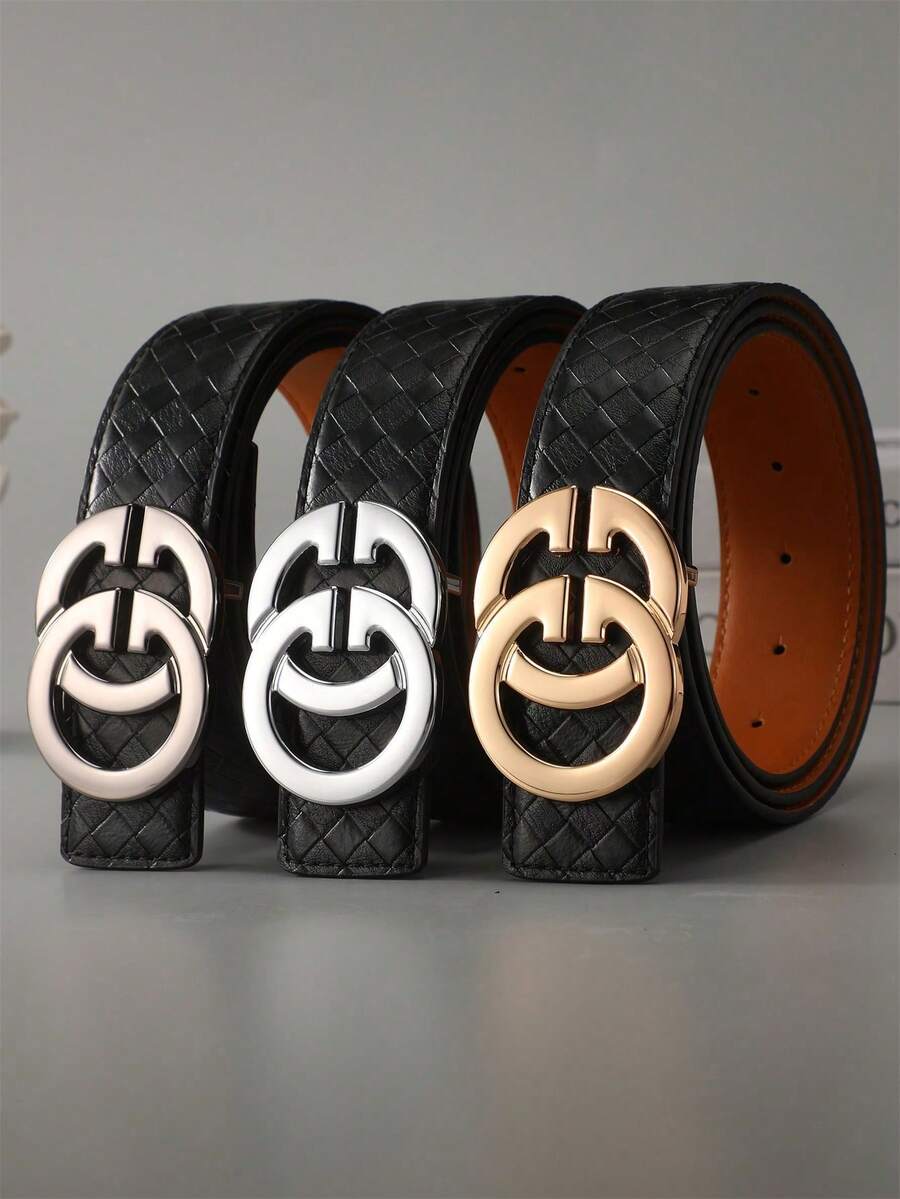 1条男士真皮腰带，休闲腰带，黑色格子图案裤带 - 彩色 - 查看 1