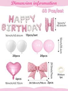 11/60件組 粉色白色生日裝飾套裝－生日快樂橫幅＋愛心鋁箔氣球＋加厚乳膠氣球，適合女性生日派對、蝴蝶結主題裝飾、拍照背景裝飾、週年紀念裝飾、午夜驚喜裝飾、派對用品 - 彩色 - 查看 12