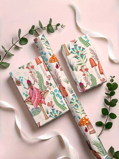 1 Roll Pink Background Wrapping Paper With Plant Sprites, Mushrooms, Florals And Insects Patterns - Magical Forest Theme - 43.2cm X 300cm (17in X 9.84ft)