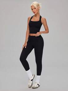 MASKERT Women's Sexy Backless Tank Top + High Waist Lifting Leggings Set, Suitable For Fitness, Running, Sports, Outdoor Activities - Black - View 6
