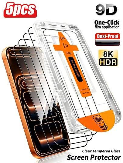 RQVQJ 5 Miếng Kính Cường Lực Cho iPhone 17 16 15 14 13 12 11 Pro Max XR X XS Max 16 15 14 Plus 17e 16e Miếng dán màn hình chống bụi, dễ dàng lắp đặt với hộp định vị toàn diện
