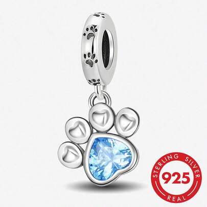1pc 925 Sterling Silver Blue Paw Print Charm Bead, Suitable For Women Bracelet DIY, Daily Jewelry Decoration