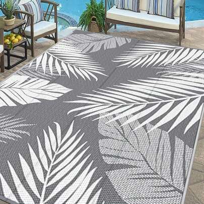 5英尺 x 8英尺户外地毯，防水，适用于露台、阳台、门廊、沙滩等场所，双面塑料编织，大面积地毯，灰白色