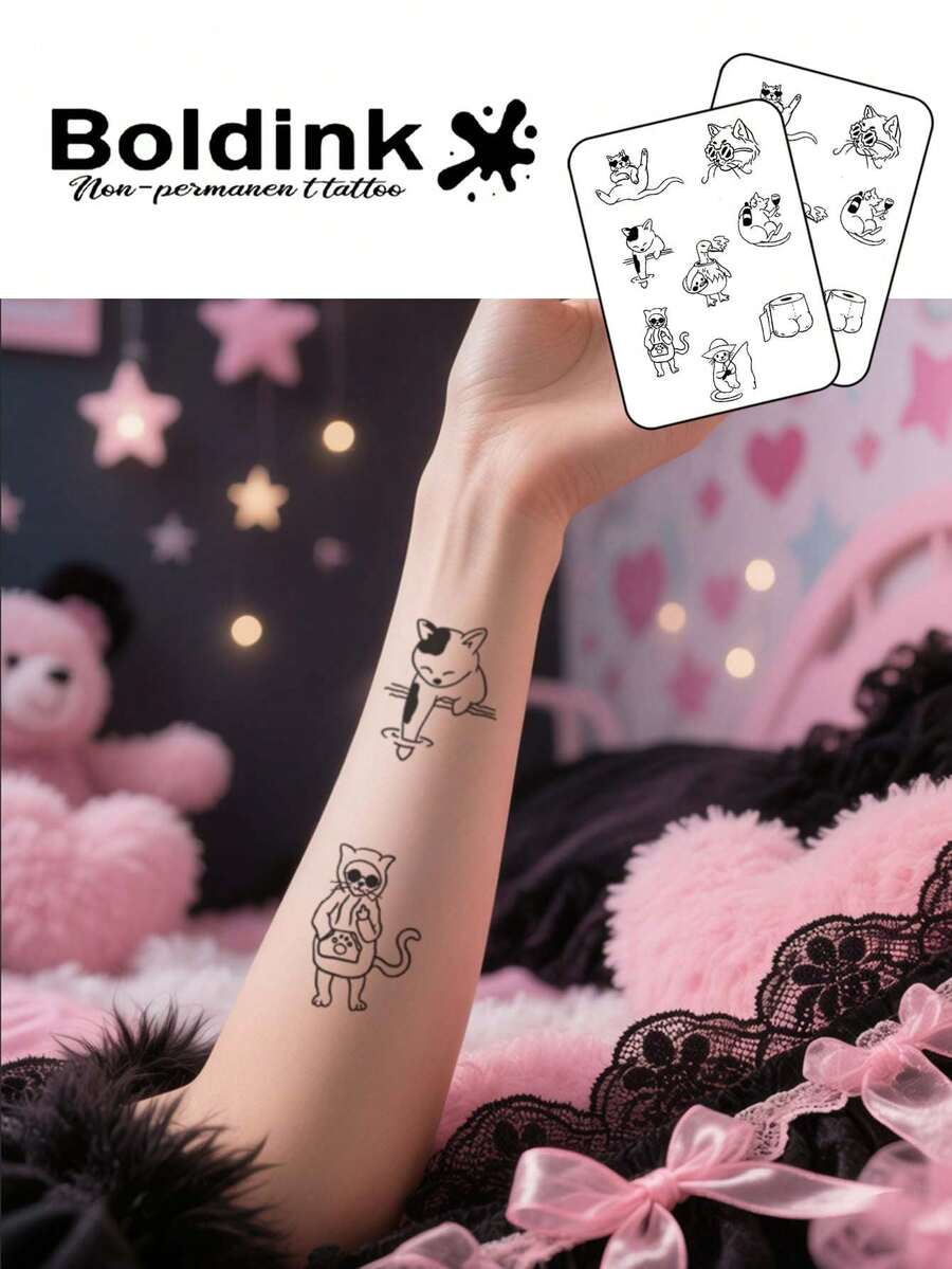 Boldink 2pcs Funny Cat Temporary Tattoos, Waterproof Body Art Tattoos Lasting 1-2 Weeks, Plant-Based Formula, & Gentle, Suitable For Daily Wear, Sweet Girl Style Decoration, Perfect Gift For Cat Lovers - Hitam - View 1