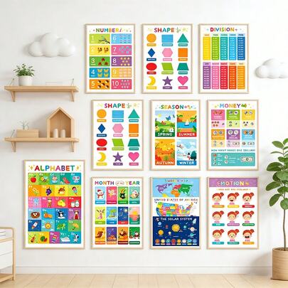 hoojojo Bộ 18 áp phích học tập về chữ cái, số, hình dạng và các mùa, biểu đồ trực quan Montessori, đồ dùng học tập phát triển nhận thức sớm, văn phòng phẩm giáo dục trang trí lớp học, đồ dùng học tập cho năm học mới.