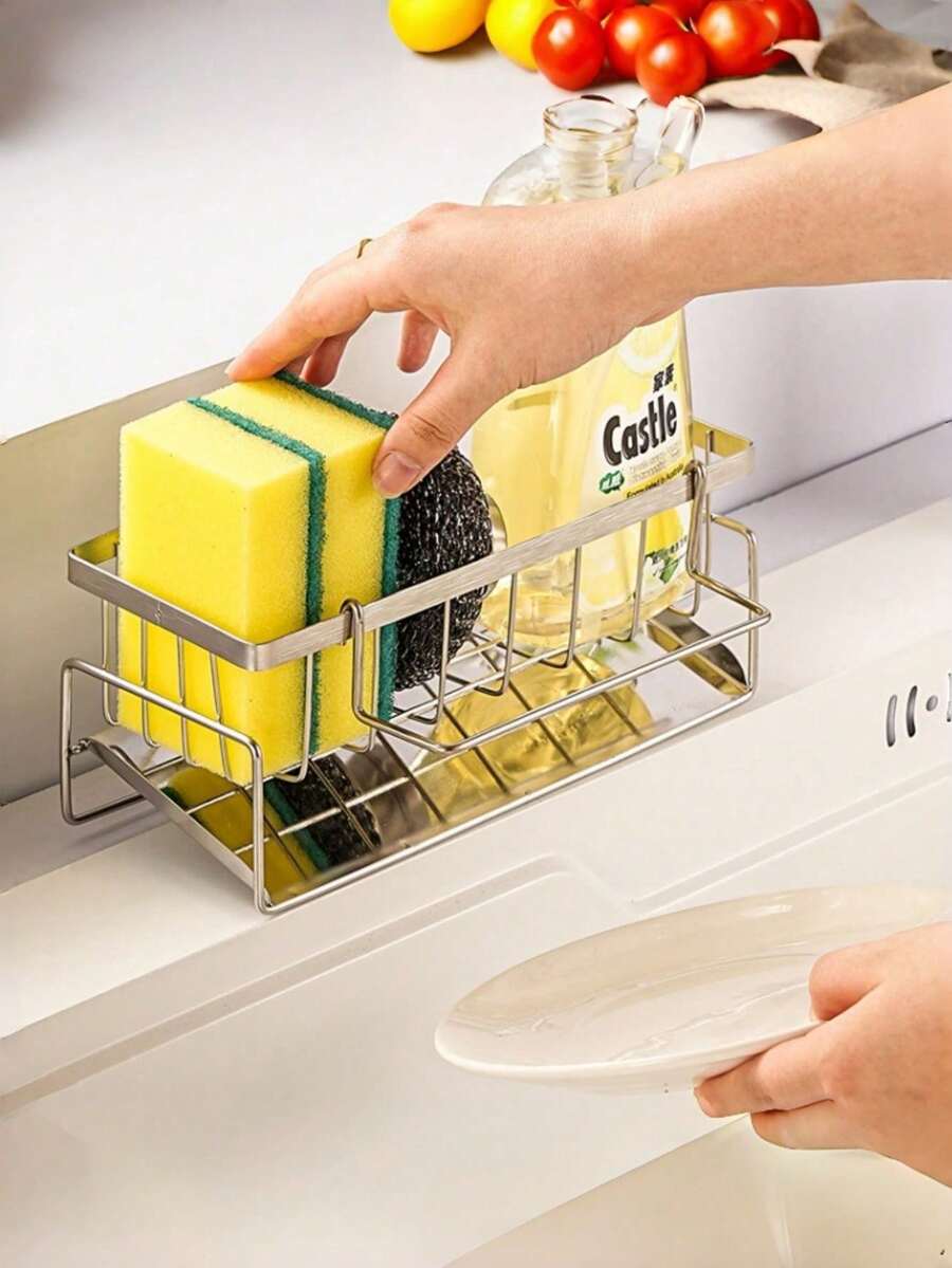 1pc Anti-Rust Kitchen Sink Organizer Rack With Towel Bar And Drip Tray, Holds Sponge, Suitable For Kitchen Sink, Rust-Resistant Carbon Steel Kitchen Sink Accessories