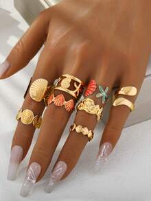 Colorful Enamel Starfish & Shell Open Ring Set, Beach Vacation Style, Suitable For Daily Wear - Ocean Breeze - View 6
