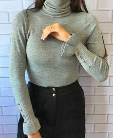 Women's Fashion Knit Blouse With Turtleneck Collar, Ruffled Sleeves, Button Detail, Sweater - New Release - 淺灰色 - 查看 1
