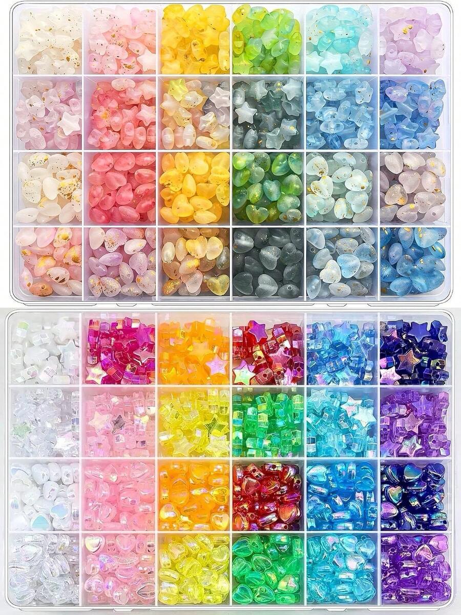 A Box Of Acrylic Beads, Heart And Star Shapes, Suitable For Jewelry Making, Various Colors And Styles, Loose Beads, Can Be Used As Spacer Beads, For DIY Necklaces, Bracelets And Other Jewelry Crafts. - 彩色 - 查看 1