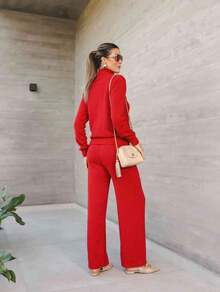 Premium Soft Knit Set, Sophisticated High Neck, Straight Cut, Warm Knit For Winter, Comfy Chic Look - 紅色 - 查看 3