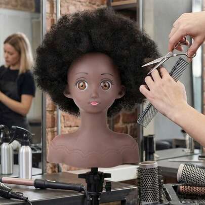 Afro Kinky Curly Mannequin Head With 360° Rotatable Stand, Professional Realistic Hairdressing Training Head For Cutting, Braiding, Styling, Cosmetology Doll Head For Hairdressers, Students & Beginners
