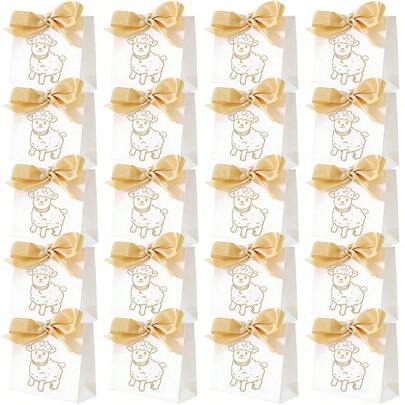 20个/10个/5个装可爱动物图案礼品袋，配黄色丝带，折叠式设计，非常适合家庭聚会和节日派对，最佳礼品包装