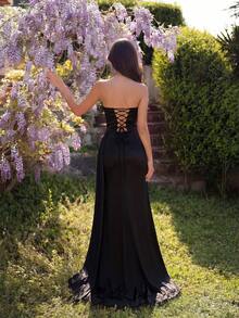 ADYCE 優雅黑色抹胸蕾絲拼接魚尾高腰百褶長洋裝，露背綁腰高開衩，適合秋季婚禮派對 - 黑色 - 查看 2