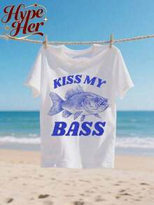 [Entrega Local]Playera Para Mujer [Entrega Local]Playera Para Mujer HypeSu Más Vendida 2026, Camiseta de Algodón de Manga Corta con Cuello Redondo y Estampado de Kiss My Bass Fish para Mujer, para Ropa Urbana o de Oficina, Top Moderno para el Día a Día, Conjuntos de Verano para Mujer - Blanco - Ver 3