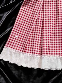 Bộ đồ lót gợi cảm 6 món dành cho nữ, gồm áo ngực hai hàng cúc trang trí nơ có dây đeo điều chỉnh được và quần lọt khe, váy ngắn kẻ caro, quần lọt khe màu trơn, vòng tay ren, bộ đồ ngủ quyến rũ để nhập vai. - Đỏ - Xem 6