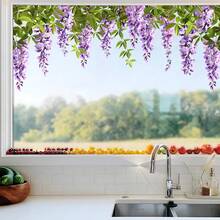 1pc Romantic Purple Wisteria Vine Window Sticker, Purple Flower Green Leaf Glass Decal, Easy To Apply Home Window Decoration - Multicolor - View 7