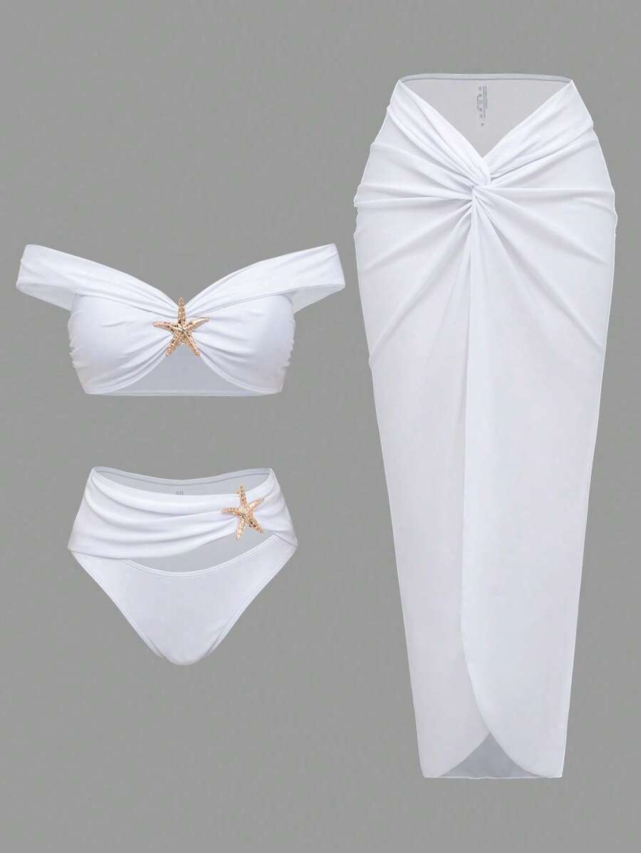 3 Piece Swimsuits For Women Sexy Summer Gold Off-Shoulder Bikini Sets Cover Up Skirt Bathing Suit,  3-Piece Bikini With Mesh Sarong Skirt Bathing Suits For Ladies Vegas Beach Outfits Honeymoon - trắng - Xem 1