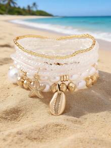 Set de 7 piezas de pulseras con cuentas y diseños de estrellas de mar y conchas en estilo bohemio, adecuado para uso diario, casual, playa y vacaciones en la isla de las mujeres - Traje estilo océano - Ver 8