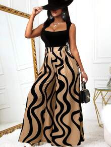 Bộ jumpsuit liền thân gợi cảm và thanh lịch dành cho nữ, thiết kế cạp cao, ống rộng, họa tiết sọc tương phản, kiểu dáng không tay sang trọng, thích hợp cho kỳ nghỉ hè. - Màu Khaki - Xem 1