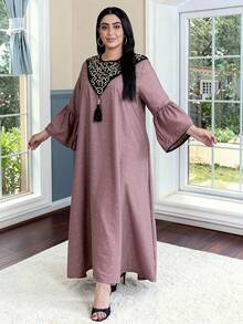 Đầm thêu đính cườm thanh lịch, trang phục truyền thống Ả Rập dành cho nữ, áo dài JALABIA màu đen tua rua tím nhạt, đầm dài thời trang nữ 2026 cho mùa xuân/hè, trang phục truyền thống Eid Al-Adha. - Màu Hồng  Dưa hấu - Xem 5