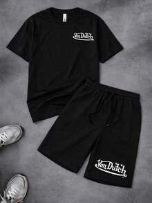 2pcs Men Creative Black Oversized Print T Shirt And Shorts Set With Vons Dutchs Motorcycles Speed Shop Graphic Design Streetwear Casual Outfit Soft Fabric Breathable Comfortable For Daily Wear And Urban Style - màu đen - Xem 2