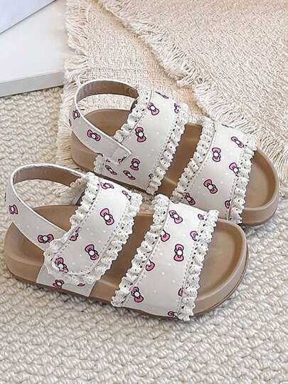 1 Pair Girls' Polka Dot Bow Sandals, Sweet Lace Trim Soft Bottom Non-Slip Baby Princess Shoes, Summer