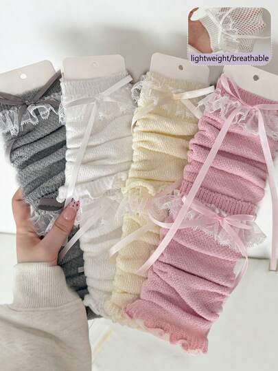 1/2/4双装女士蕾丝边针织蝴蝶结腿套，透气网眼镂空小腿套，Y2K芭蕾风可爱洛丽塔腿套，适合春夏穿着