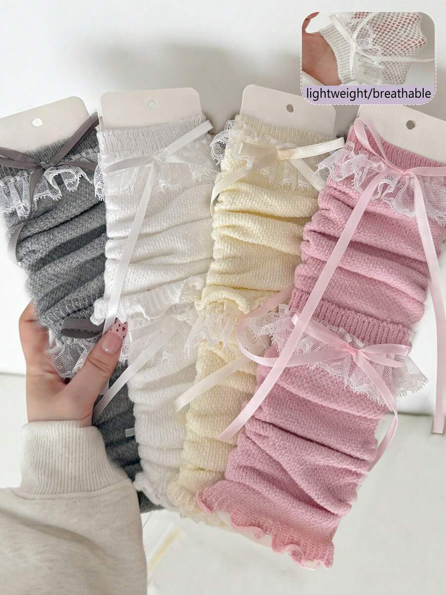 1/2/4双装女士蕾丝边针织蝴蝶结腿套，透气网眼镂空小腿套，Y2K芭蕾风可爱洛丽塔腿套，适合春夏穿着 - 彩色 - 查看 1