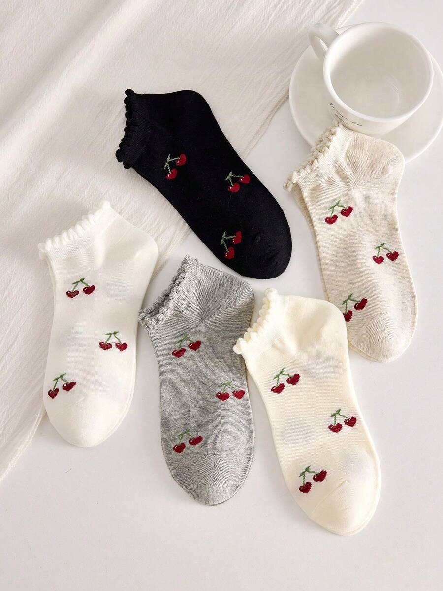5 Pairs Assorted Color Sakura & Ruffle Trim Women's Ankle Socks, Cute Versatile Casual, Suitable For Spring/Summer Daily Wear