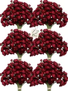 72 Pcs Ranunculus Artificial Flower, Faux Silk Mini Ranunculus Flowers For DIY Bouquet, Bulk Fake Wedding Filler Flowers For Centerpieces Arrangements Bridal Shower Decorations - Burgundy - View 1