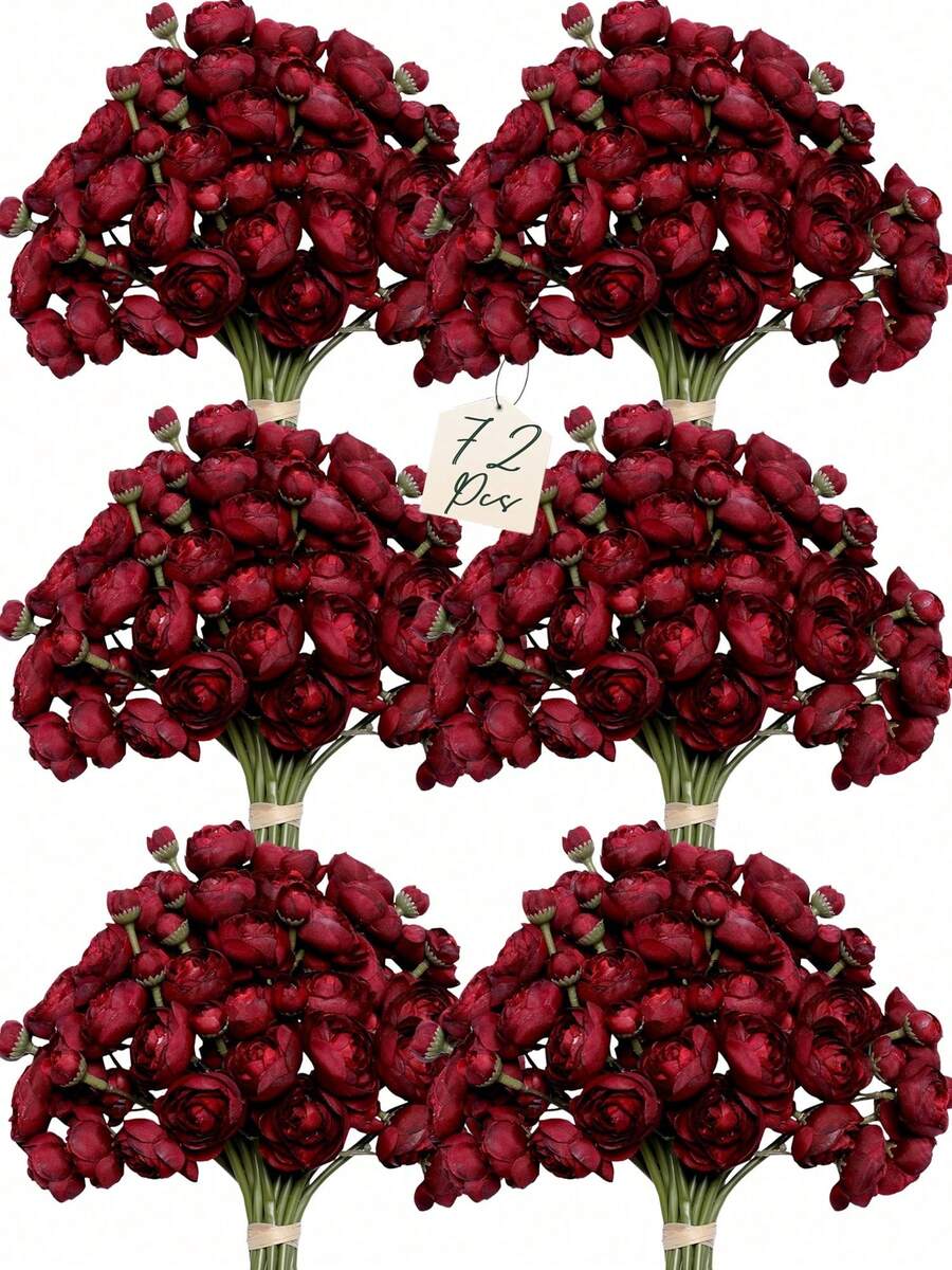 72 Pcs Ranunculus Artificial Flower, Faux Silk Mini Ranunculus Flowers For DIY Bouquet, Bulk Fake Wedding Filler Flowers For Centerpieces Arrangements Bridal Shower Decorations - Burgundy - View 1