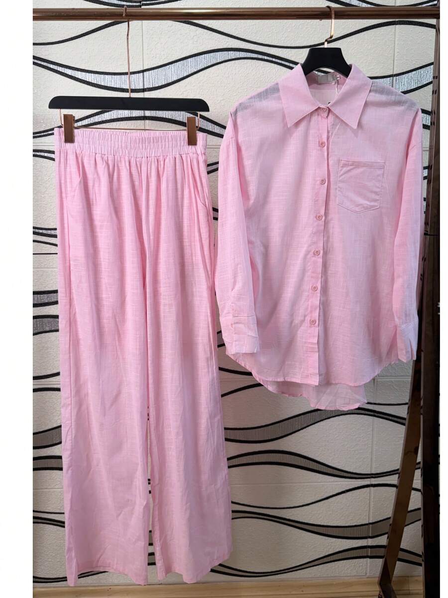 Linen Shirt And Pants Set (2 Pieces), Lined With Elastic. - 淺粉色 - 查看 1