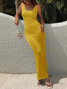 女士休闲可爱性感优雅闪亮修身长款针织连衣裙，圆领无袖修身时尚优雅泳装沙滩罩衫，适合度假、夜生活、约会、日常穿着、派对、乡村音乐节、夏季郊游 - 黃色 - 查看 3