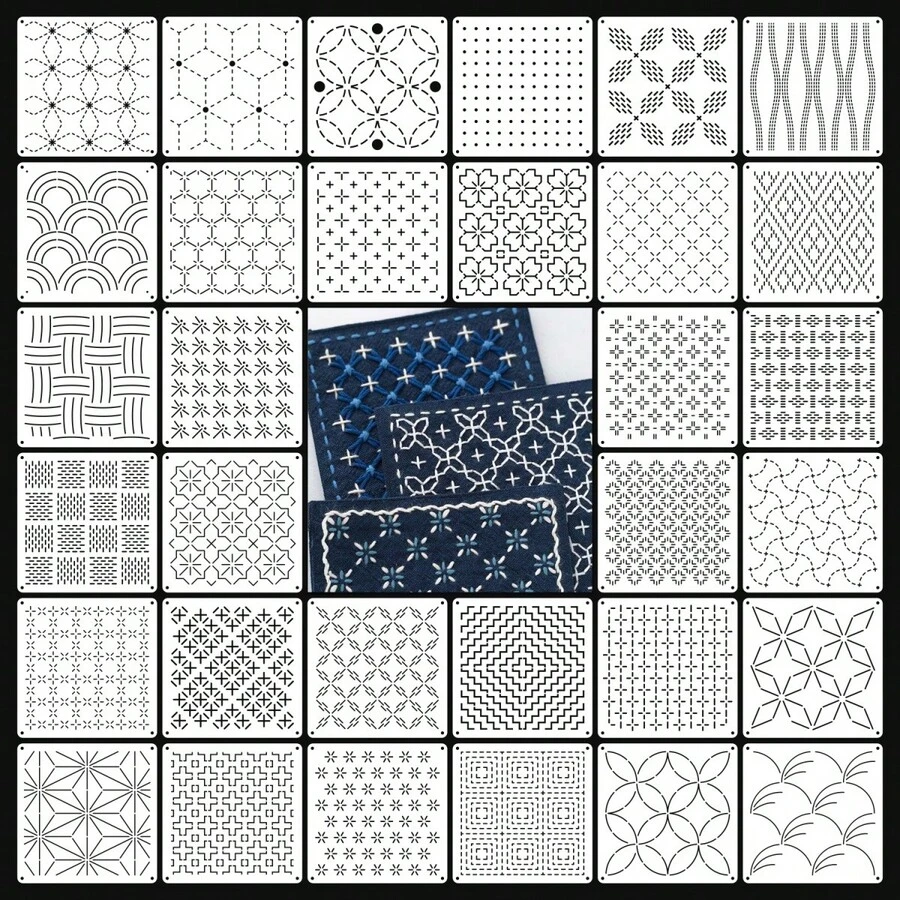 Set 32 buah stensil bordir geometris terbuat dari PET yang dapat digunakan kembali, menampilkan puluhan pola sashiko tradisional klasik yang cocok untuk bordir kain, pakaian DIY, proyek tekstil rumah, dan berbagai kerajinan tangan.