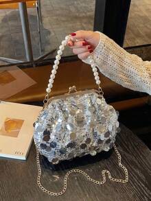 Shiny Sequin Handbag, Summer New Model, Versatile Chain Shoulder Bag, Elegant Frame Purse - Silver - View 3