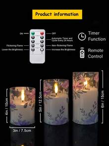 3pcs Flickering Flameless Candles With Timer And Remote Control, Battery Operated Candles With Rose Print, Suitable For Tabletop Centerpiece Decor, Christmas, Halloween, Valentine's Day, Mother's Day, Dining Table, Room Decor, Wedding, Party, Gift, Holiday Atmosphere Decoration - Violet - View 10