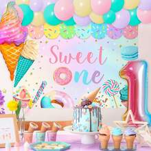 Dulce decoración de cumpleaños para bebé niña 1er cumpleaños juego de decoración de fiesta con cajas de globos, telón de fondo, guirnalda, pancarta de dona, suministros de fiesta temática de helado - Rosa 1 - Ver 2