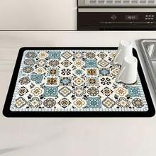 1 pieza Felpudo multiusos absorbente con patrón de azulejos florales vintage azul y dorado, protector de encimera impermeable de poliéster para cocina, mesa de comedor, secado de platos, lavadora, cafetera, tocador de baño, accesorios de cocina, suministros para fiestas - Mosaico de azulejos florales en tonos cálidos - Ver 2