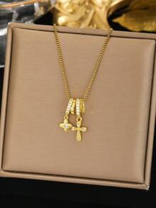 1 pieza Collar colgante con cruz y trébol chapado en oro con diamantes incrustados, estilo Y2K elegante, adecuado para vacaciones de mujeres, uso diario, Día de la Ascensión - Dorado - Ver 1