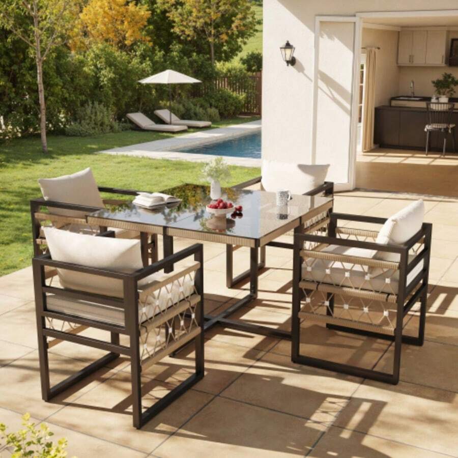 5 Piece Garden Dining Set With 1 Dining Table & 4 Stackable Chairs, Outdoor Patio Furniture Seating Group With Fine Rope & Iron Frame, 5mm Thick Glass Table Top - 黑色 - 查看 1