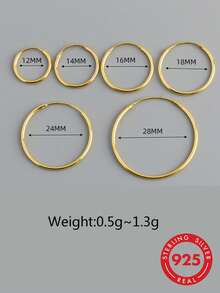 HuooNew 一对简约时尚百搭的925纯银镀金轻盈圆形耳环，简约圆形设计，银饰，女士礼物 - 金黃色 - 查看 1