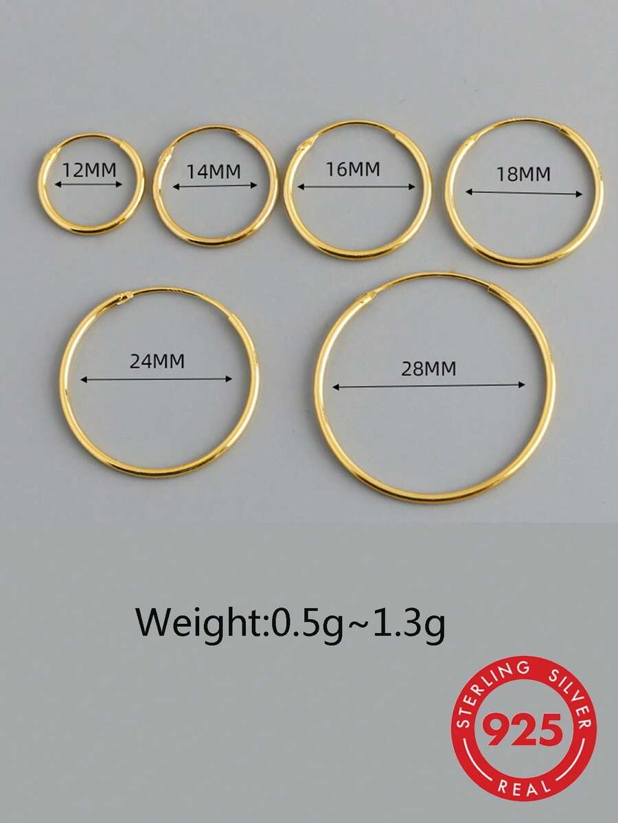 HuooNew 一对简约时尚百搭的925纯银镀金轻盈圆形耳环，简约圆形设计，银饰，女士礼物 - 金黃色 - 查看 1