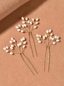 3 piezas Pinzas para el cabello de novia, Horquillas para el cabello con perlas estilo coreano, Tenedores para el cabello en forma de U, Accesorios pequeños para el cabello para novia, verano, playa, boda, festival, cumpleaños - 63269 Oro - Ver 2