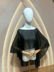 1 chiếc khăn choàng ngắn bằng chiffon dành cho cô dâu, kiểu dáng ngắn phía trước và dài phía sau, thích hợp để phối cùng váy và áo vest, phù hợp cho mùa hè, đi biển, đám cưới, lễ hội, sinh nhật. - màu đen - Xem 1