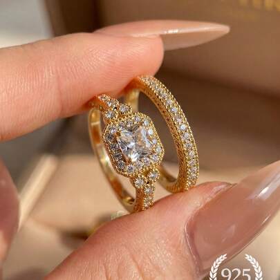 1 Peça Anel de Zircônia de Camada Dupla de Luxo, Joia de Prata 925, Presente de Joia Delicada para Mulheres, Festa de Aniversário de Meninas