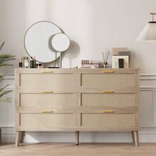 Beaully 6 Drawer Dresser, 47 Inch Natural Rattan Chest Of Drawer, Large Wooden Dresser With 5 Solid Wood Legs, Farmhouse Dresser For Bedroom, Living Room, Entryway, Natural Oak - 墨綠色 - 查看 5
